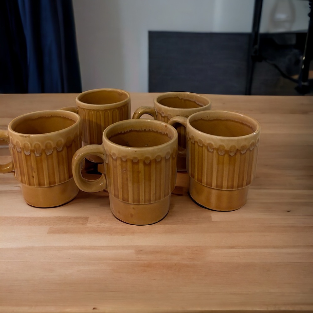 MCM Brown Ceramic Pottery Mugs Set of 5 Japan glaze mid century boho 70s